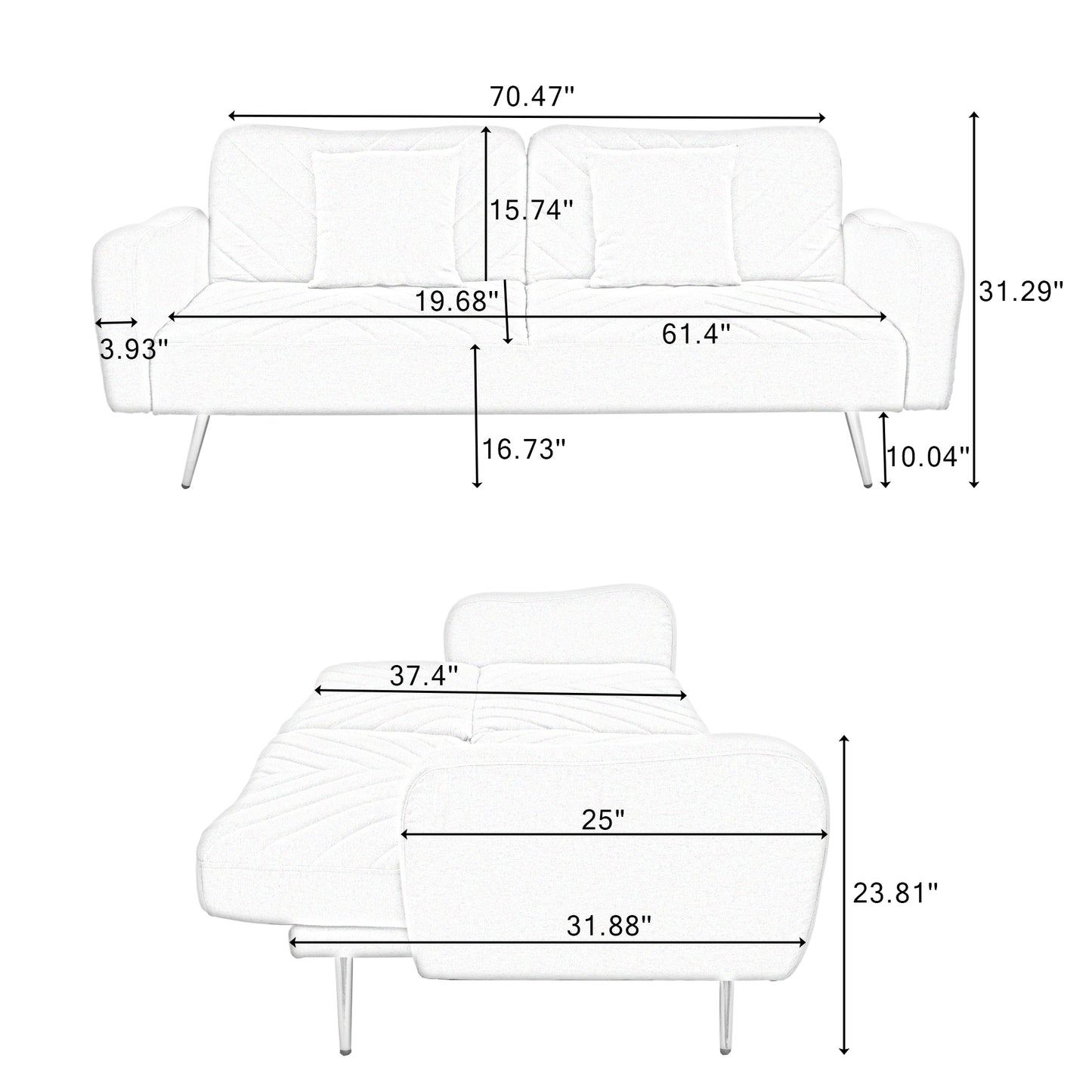 70.47" Pink Fabric Double Sofa with Split Backrest and Two Throw Pillows