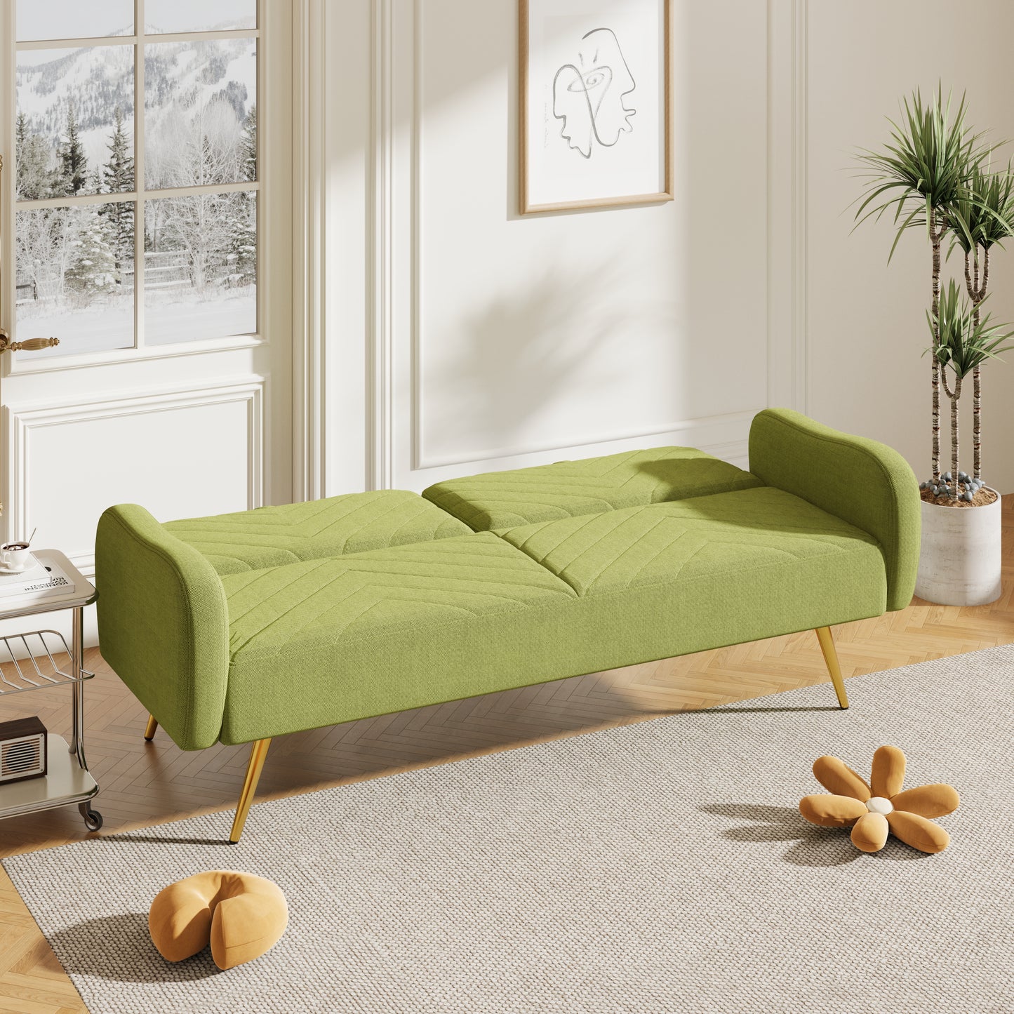 70.47" Green Fabric Double Sofa with Split Backrest and Two Throw Pillows