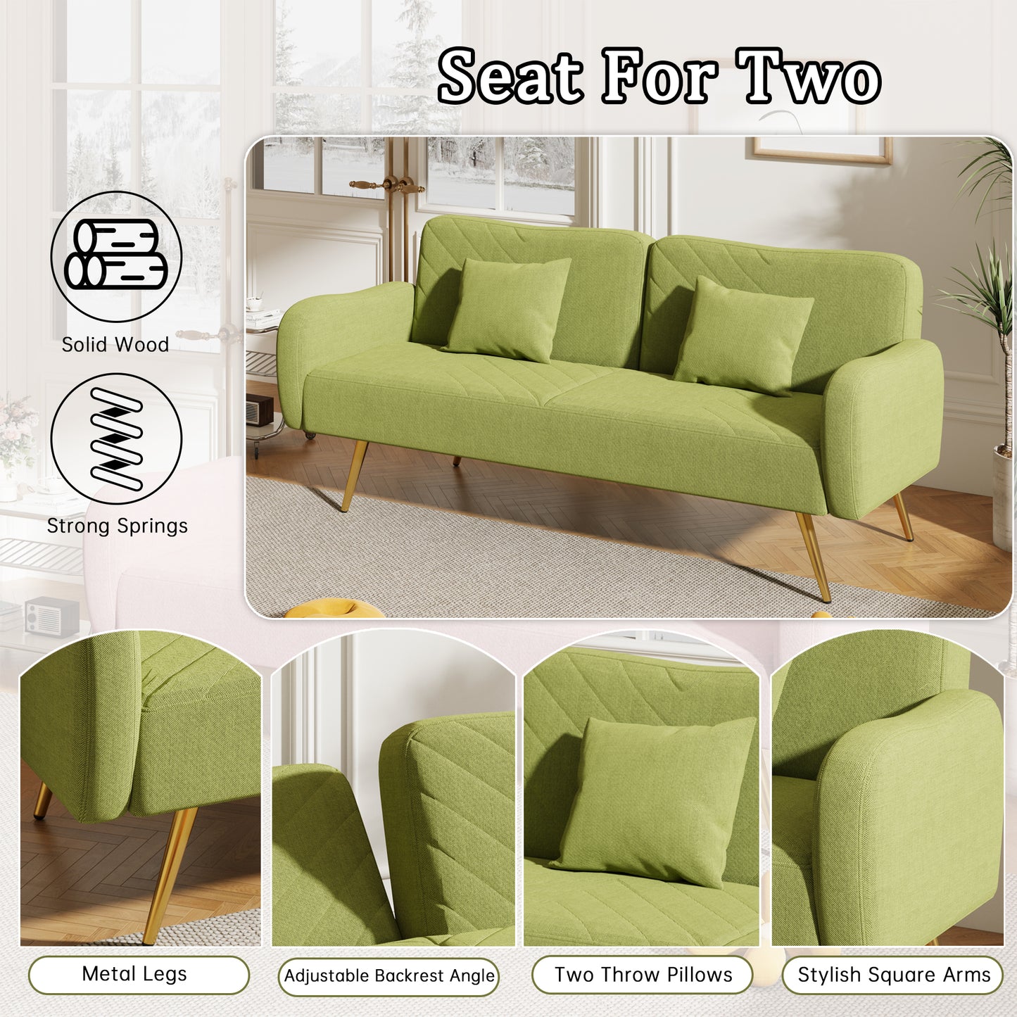 70.47" Green Fabric Double Sofa with Split Backrest and Two Throw Pillows