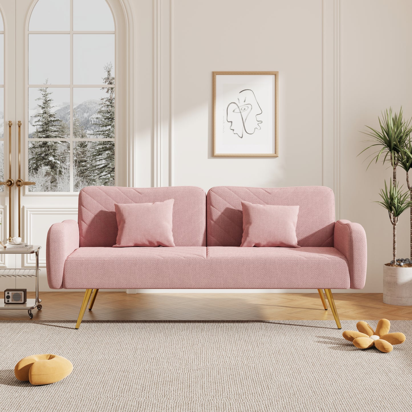 70.47" Pink Fabric Double Sofa with Split Backrest and Two Throw Pillows