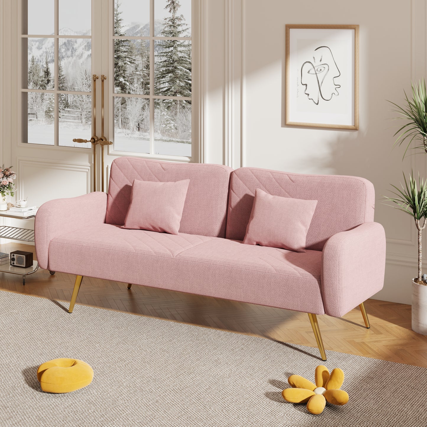 70.47" Pink Fabric Double Sofa with Split Backrest and Two Throw Pillows