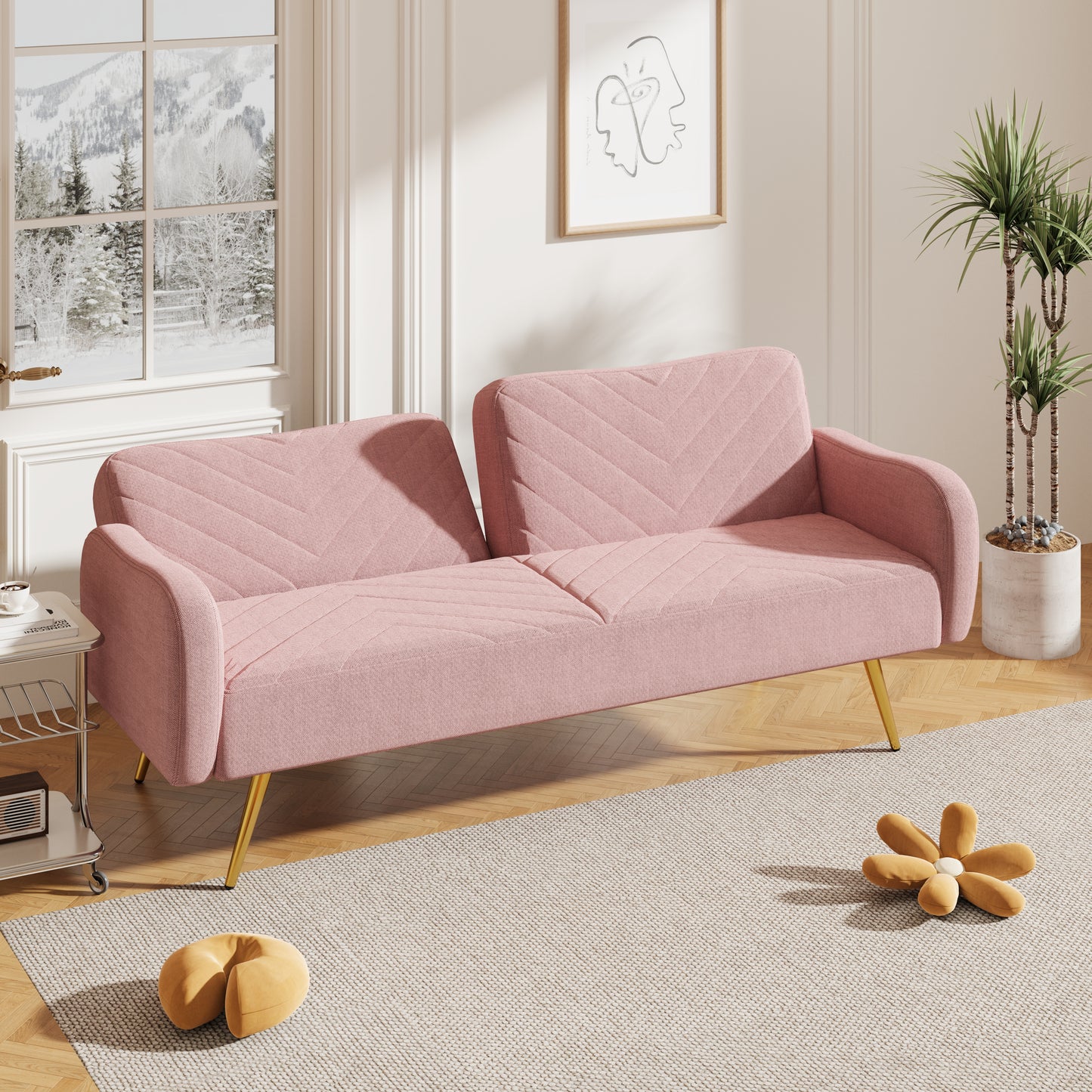 70.47" Pink Fabric Double Sofa with Split Backrest and Two Throw Pillows