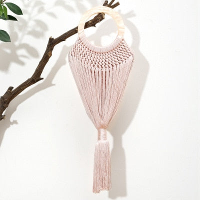 Acrylic Handle Women Tassel body Handbags Knitting Mesh Female Ring Handle Tote Band Design Summer Beach Bags